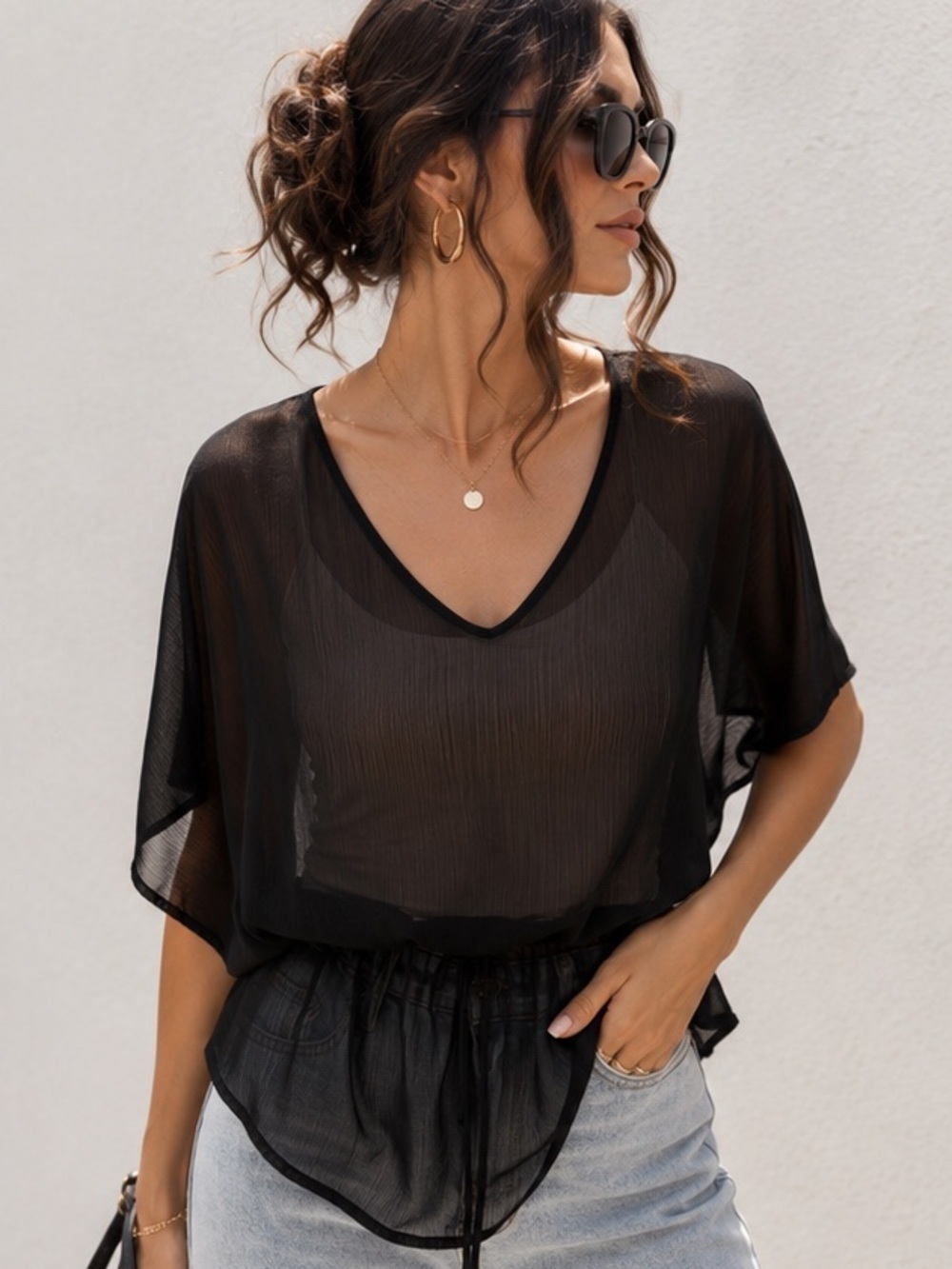 Express Black Sheer Chiffon Cinched Blouse Peplum Top